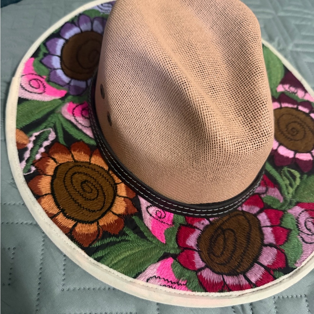 Floral Embroidered Tan Hat